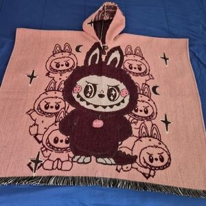 Pink Hooded Poncho with Cartoon Design